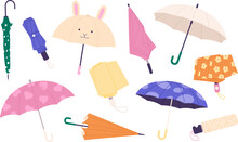 Colorful Umbrella Collection, Shelter Rainy Seasons. Modern And Vintage Umbrellas, Closed And Open Fashion Accessories. Safe From Rain, Racy Vector Clipart