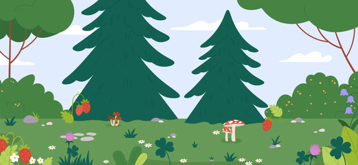 Wall Mural - Cartoon forest landscape. Berries, mushrooms and stones on meadow, summer nature background. Woodland seasonal scene, vector graphic