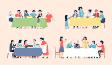 Festive Family Dinner. Parents And Grandparents, Children Sitting At Table With Different Meals. People Eating Lunch, Christmas Evening Recent Vector Scenes