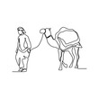 One continuous line drawing of people are riding camels in the desert as symbol for Hijrah. Islamic new year holiday concept in simple linear style. Islamic new year design concept vector illustration