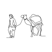 One Continuous Line Drawing Of People Are Riding Camels In The Desert As Symbol For Hijrah. Islamic New Year Holiday Concept In Simple Linear Style. Islamic New Year Design Concept Vector Illustration