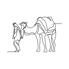 One continuous line drawing of people are riding camels in the desert as symbol for Hijrah. Islamic new year holiday concept in simple linear style. Islamic new year design concept vector illustration