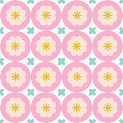 Wall Mural - Modern Floral tile pattern in retro style. Simple geometric shapes texture. Decorative mosaic background