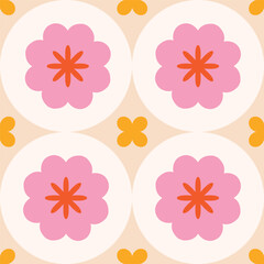 Wall Mural - Modern Floral tile pattern in retro style. Simple geometric shapes texture. Decorative mosaic background