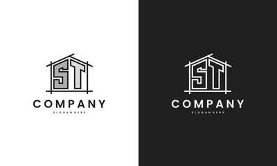 Initial ST home logo with creative house element in line art style vector design template