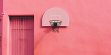 Basketball Hoop On A Pink Red Wall In A Minimalist Style