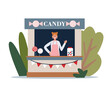 © ANDRII - Young stylish lady in uniform selling candies outside. Exterior of small stores collection. Small business owners. Buying and selling sweets outdoor. Vector flat illustration