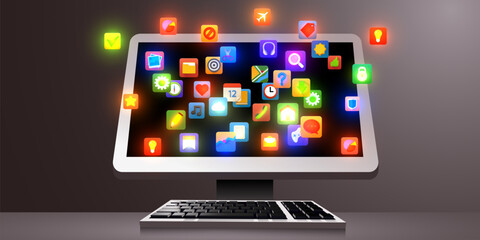 Computer with cloud of app icons on the screen. Application store concept.