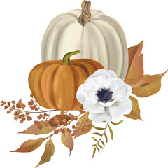 Watercolor floral pumpkin illustration, fall bouquets . Pastel pumpkins and flower arrangements in rustic style.