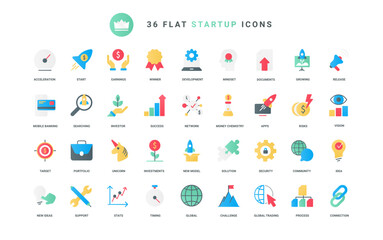 Poster - Success solution analysis, investment in creative idea, online product marketing and company organization. Startup technology, project development trendy flat icons set vector illustration