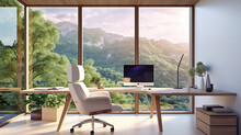 Side View On Modern Home Office Table With Computer, Chair And Big Window., AI Generative