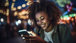 © annebel146 - Black woman with 5g smartphone for social media typing, digital chat app or check location. Teenager gen z girl on cellphone for youth online website networking and smiling