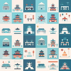 Traditional Asian architecture icons. Generative AI.