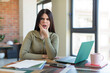 © kues1 - pretty young woman with mouth and eyes wide open and hand on chin. laptop and desk concept