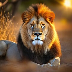 Canvas Print - AI generated illustration of a powerful lion resting in a grassy landscape