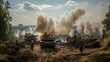© T-time/Wirestock Creators - AI generated illustration of military tanks in the dirt with flames emanating from exhaust pipes
