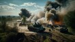 © T-time/Wirestock Creators - AI generated illustration of military tanks in the dirt with flames emanating from exhaust pipes