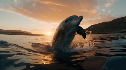 Poster - AI generated illustration of a beautiful dolphin swimming in the tranquil water at sunset