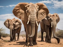 AI Generated Illustration Of African Elephants Walking Side By Side Down A Sun-dappled Dirt Path