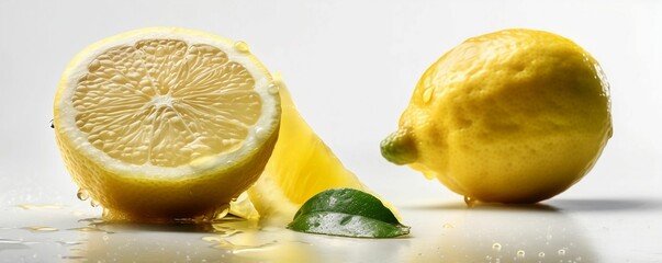 Poster - AI generated illustration of fresh and dewy lemons on the white background