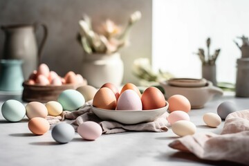 Sticker - AI generated illustration of a variety of multi-colored eggs arranged on a white table