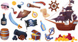 © ssstocker - Pirate adventure objects. Pirates cartoon accessories, ship equipment for game adventurer, treasure chest map sea anchor old captain hat cannon bomb, ingenious vector illustration
