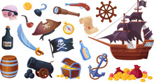 Pirate Adventure Objects. Pirates Cartoon Accessories, Ship Equipment For Game Adventurer, Treasure Chest Map Sea Anchor Old Captain Hat Cannon Bomb, Ingenious Vector Illustration