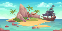 Cartoon Pirate Island. Wood Shipwreck Ship On Sand Beach With Coin Chest Pirates Treasure In Tropical Sea Coast Landscape, Adventure Game Background Ingenious Vector Illustration