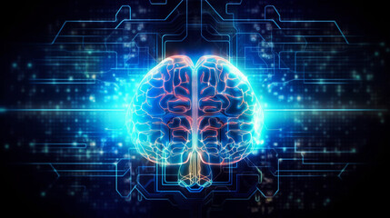 Wall Mural - human brain on neon glowing digital cyber technology background.