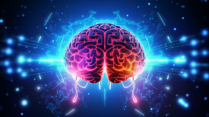Wall Mural - human brain on neon glowing digital cyber technology background.