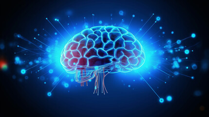 Wall Mural - human brain on neon glowing digital cyber technology background.