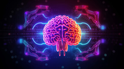 Wall Mural - human brain on neon glowing digital cyber technology background.