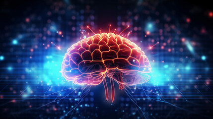 Wall Mural - human brain on neon glowing digital cyber technology background.