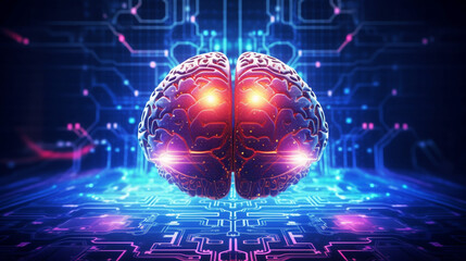 Wall Mural - human brain on neon glowing digital cyber technology background.