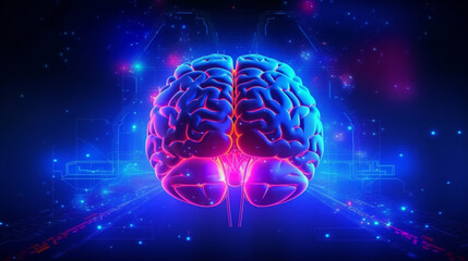 Wall Mural - human brain on neon glowing digital cyber technology background.
