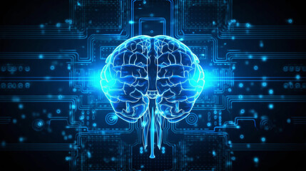 Wall Mural - human brain on neon glowing digital cyber technology background.
