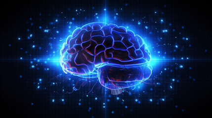 Wall Mural - human brain on neon glowing digital cyber technology background.