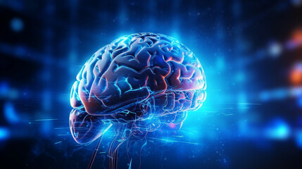 Wall Mural - human brain on neon glowing digital cyber technology background.
