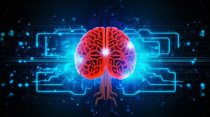 Wall Mural - human brain on neon glowing digital cyber technology background.