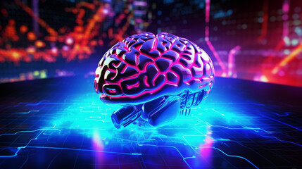 Wall Mural - human brain on neon glowing digital cyber technology background.