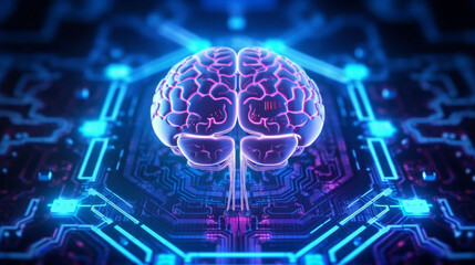 Wall Mural - human brain on neon glowing digital cyber technology background.