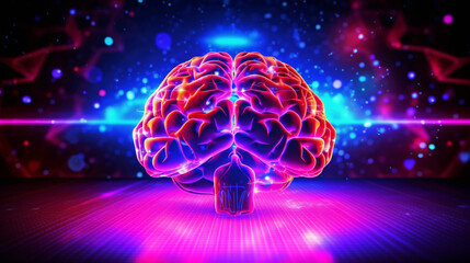 Wall Mural - human brain on neon glowing digital cyber technology background.