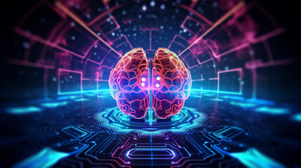 Wall Mural - human brain on neon glowing digital cyber technology background.