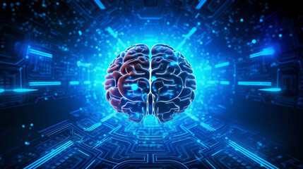 Wall Mural - human brain on neon glowing digital cyber technology background.