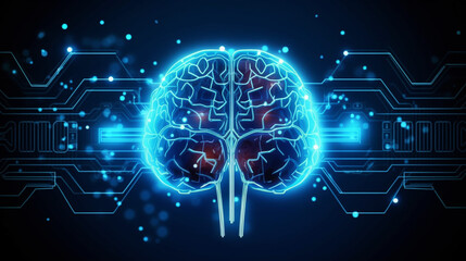 Wall Mural - human brain on neon glowing digital cyber technology background.