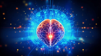 Wall Mural - human brain on neon glowing digital cyber technology background.