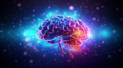 Wall Mural - human brain on neon glowing digital cyber technology background.