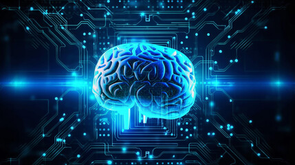 Wall Mural - human brain on neon glowing digital cyber technology background.
