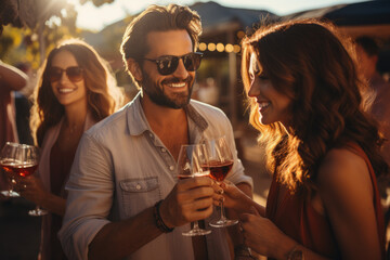 Wall Mural - Vineyard Celebration: A Happy Group of Friends Embraces the Joy of Wine Tasting, Marking Moments of Friendship, Toasts, Celebration, and Engagement in a Picturesque Vineyard.

