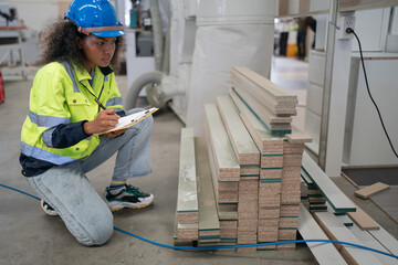 Wall Mural - Portrait, female multiracial carpenter working in carpenter's shop small business. Afro hair woman in goggles works with plank in carpentry workshop. Empowerment joiner women in woodworking industry.